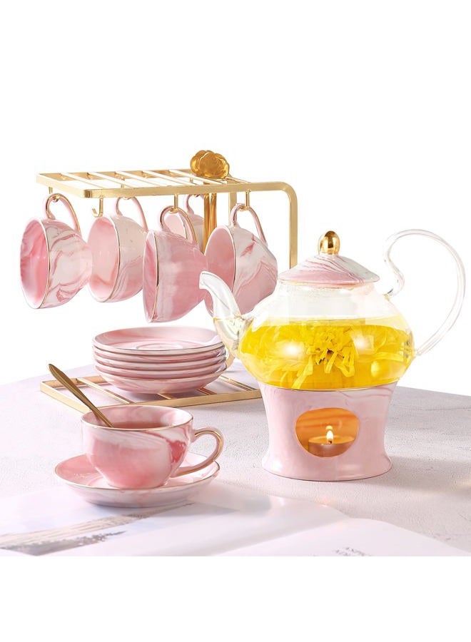 DUJUST 21 pcs Small Tea Set of 6, Pink Marble Texture with Handcraft Golden Trim, Fine Porcelain Tea pot Set for Girls&Women, 1 Glass Teapot(22oz), 6 Cups(4oz), 6 Saucers, 6 Spoons, 1 Shelf&1 Warmer… - Image 1