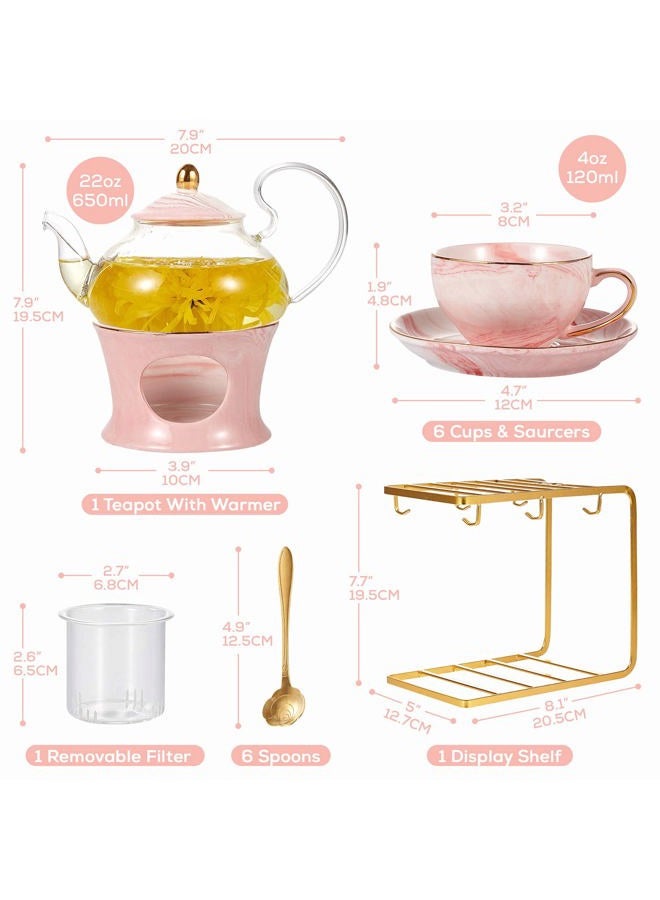 DUJUST 21 pcs Small Tea Set of 6, Pink Marble Texture with Handcraft Golden Trim, Fine Porcelain Tea pot Set for Girls&Women, 1 Glass Teapot(22oz), 6 Cups(4oz), 6 Saucers, 6 Spoons, 1 Shelf&1 Warmer… - Image 5