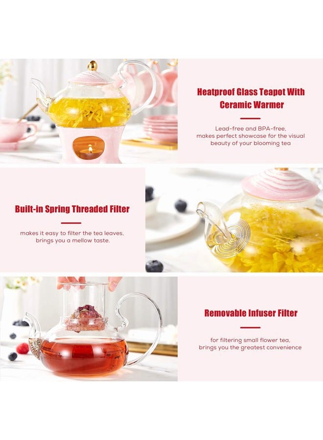 DUJUST 21 pcs Small Tea Set of 6, Pink Marble Texture with Handcraft Golden Trim, Fine Porcelain Tea pot Set for Girls&Women, 1 Glass Teapot(22oz), 6 Cups(4oz), 6 Saucers, 6 Spoons, 1 Shelf&1 Warmer… - Image 3