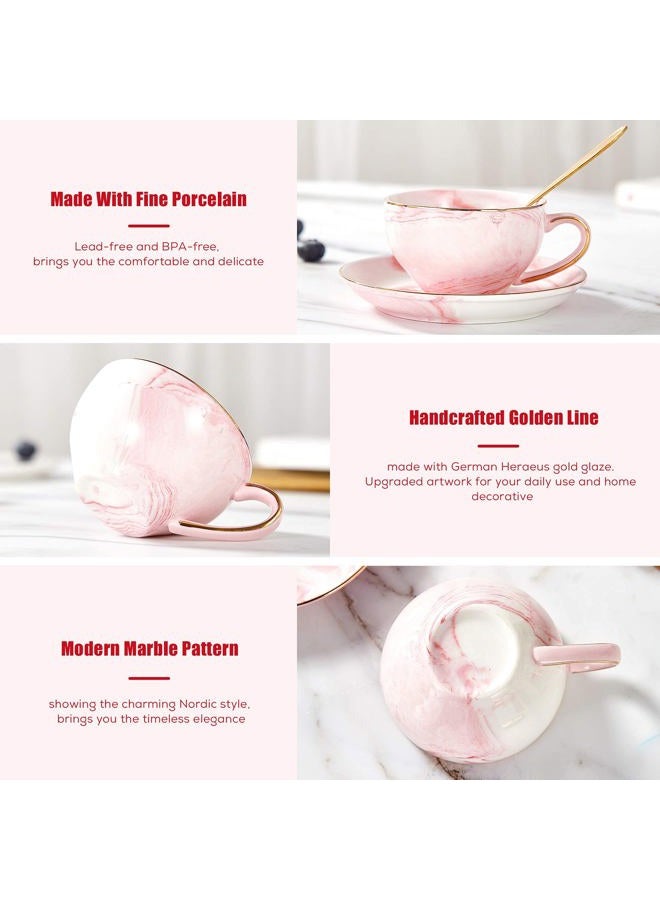 DUJUST 21 pcs Small Tea Set of 6, Pink Marble Texture with Handcraft Golden Trim, Fine Porcelain Tea pot Set for Girls&Women, 1 Glass Teapot(22oz), 6 Cups(4oz), 6 Saucers, 6 Spoons, 1 Shelf&1 Warmer… - Image 4
