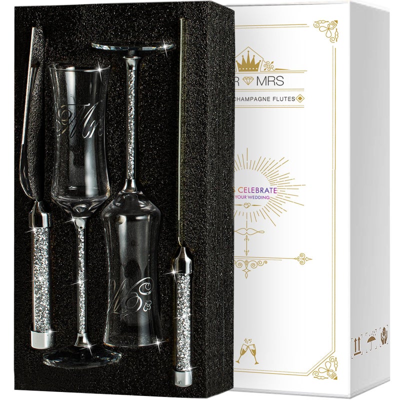 مجموعة كؤوس الشمبانيا وسكين كعكة الزفاف من iooiluxry للسيد والسيدة كؤوس الشمبانيا للعروس والعريس ومجموعة تقطيع الكعكة لهدايا الزفاف