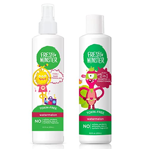 Fresh Monster Kids Hair Detangler Spray & 2-in-1 Shampoo & Conditioner Combo, Toxin-Free, Hypoallergenic & Natural, Watermelon (8.5 oz Detangler & 8.5 oz 2-in-1 Shampoo & Conditioner) - Image 1
