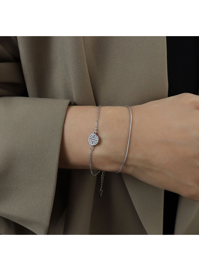 Chinese Style Bracelet Trendy Online Fashion Double-layer Snake Chain Bracelet With Round Pendant And Double Happiness Character, Titanium Steel 18k Gold Plated elry