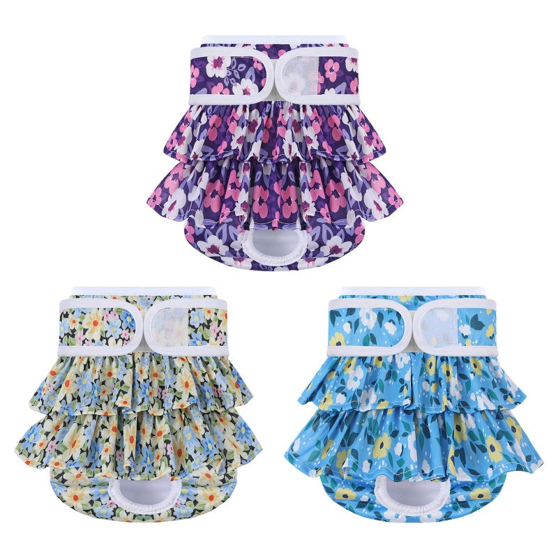 Mengelina Reusable Dog Diapers Female 3 Pack Doggie Diapers for Period Heat Incontinence Puppy Training (X-Small, PurpleFlower) - Image 1