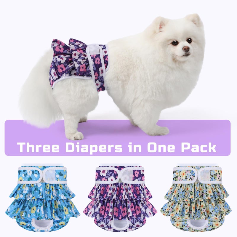 Mengelina Reusable Dog Diapers Female 3 Pack Doggie Diapers for Period Heat Incontinence Puppy Training (X-Small, PurpleFlower) - Image 5