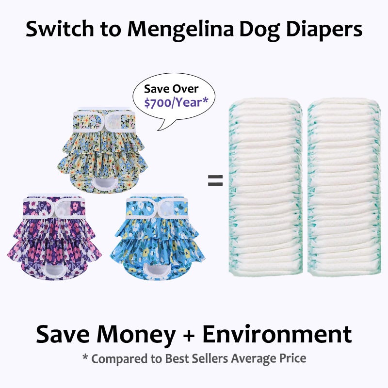 Mengelina Reusable Dog Diapers Female 3 Pack Doggie Diapers for Period Heat Incontinence Puppy Training (X-Small, PurpleFlower) - Image 3
