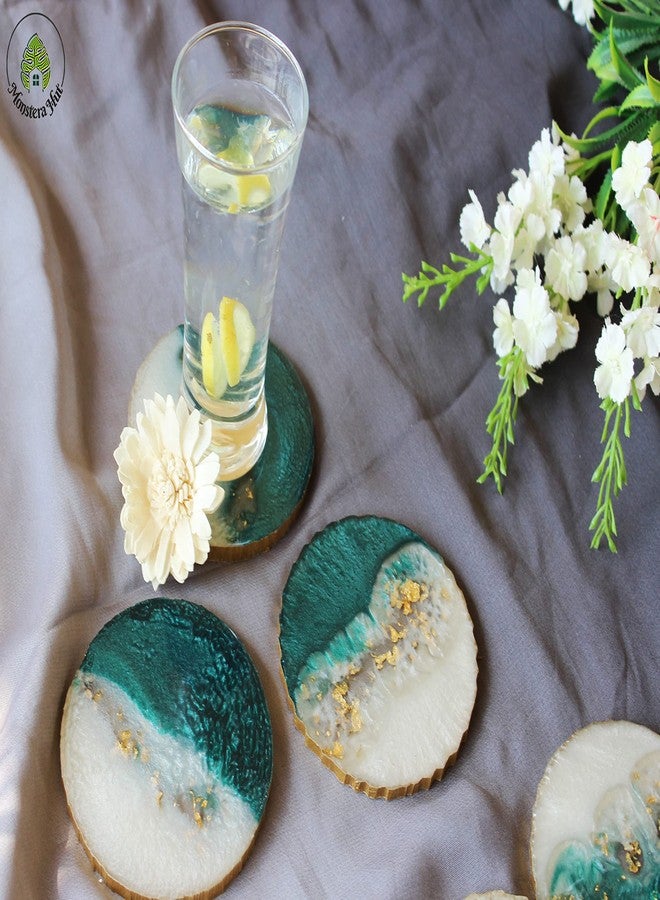 Monstera Hut ® Tea/Chai Coaster | Dining Table Decor Accessories | Coster Set For Dining Table For Hot Pots | Durable & Long-Lasting Round Emerald Green White Resin Coaster|(10 cm) | 4 Inch |Pack of 4 - Image 1