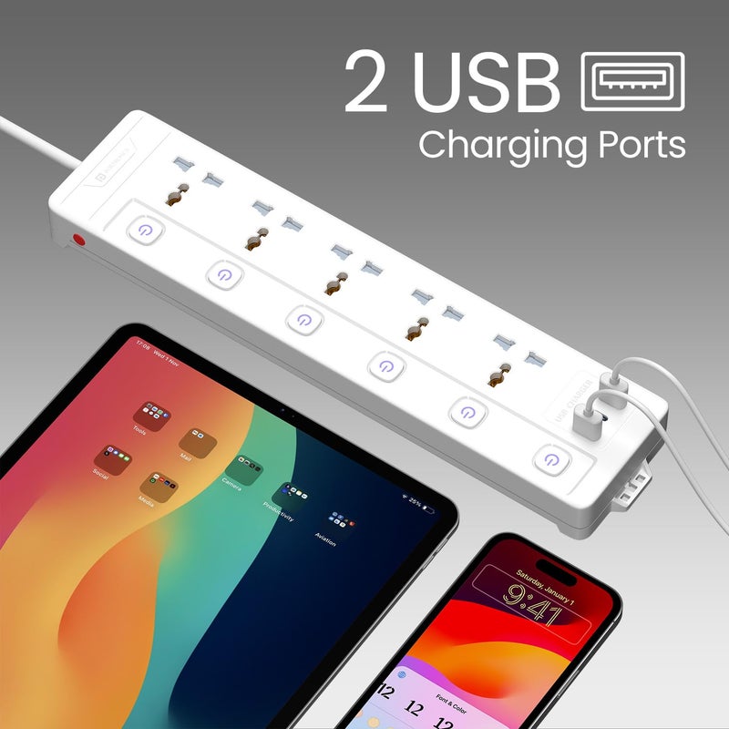 Portronics Power Plate 20 Extension Board with 5 Universal Power Sockets, 3 Meter Long Cord, 2500W Power Extender, 6 Individual Power Switches - Image 5
