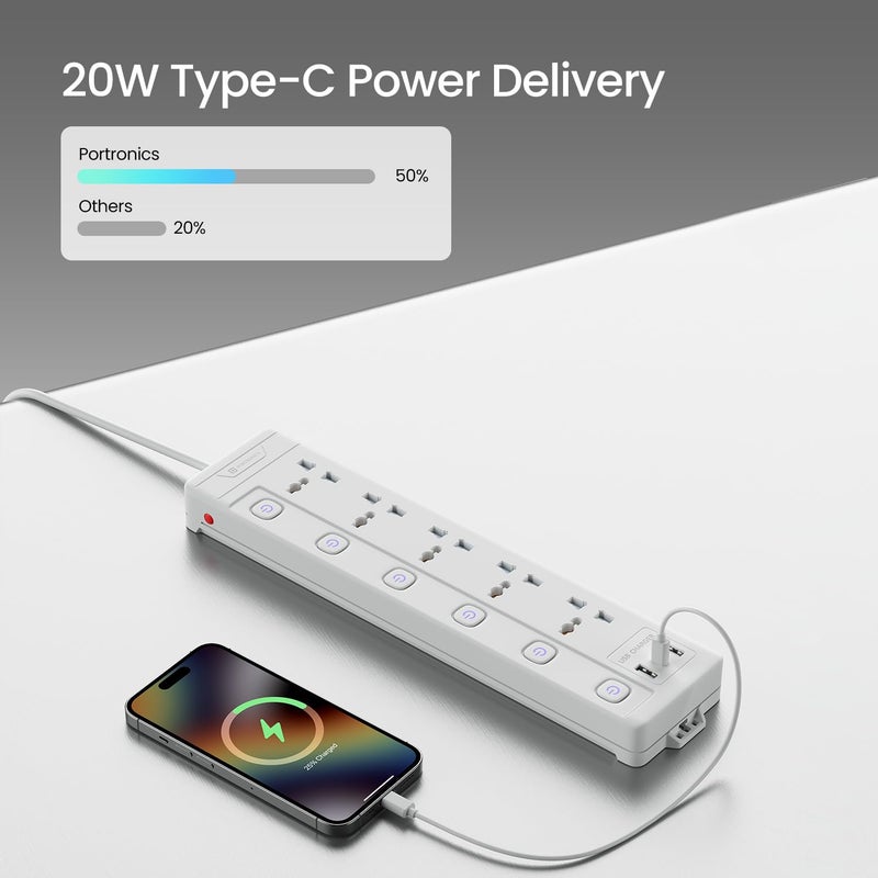 Portronics Power Plate 20 Extension Board with 5 Universal Power Sockets, 3 Meter Long Cord, 2500W Power Extender, 6 Individual Power Switches - Image 4