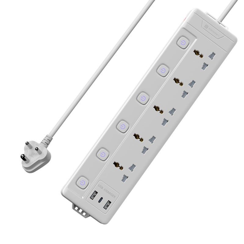 Portronics Power Plate 20 Extension Board with 5 Universal Power Sockets, 3 Meter Long Cord, 2500W Power Extender, 6 Individual Power Switches - Image 1