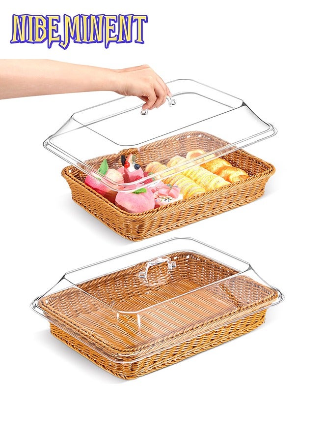 NIBEMINENT Wicker Bread Basket with Clear Acrylic Lid - Durable, Washable Food Tray for Desserts & Fruits - Perfect for Kitchen, Picnic, and Home Display  - Image 1