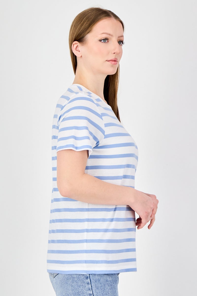 ONLY بلوزة نسائية بأكمام قصيرة وياقة دائرية مخططة، متعددة الألوان - Image 3