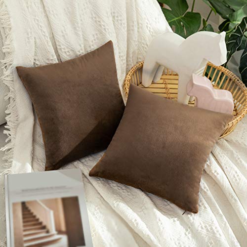 MIULEE Pack of 2 Velvet Pillow Covers Decorative Square Pillowcase Soft Solid Cushion Case for Sofa Bedroom Car 12 x 12 Inch Chocolate - Image 1