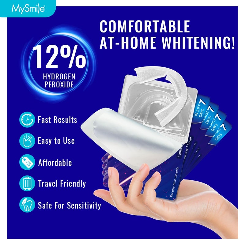 MySmile مجموعة قوالب تبييض الأسنان المعبأة مسبقًا من MySmile 7 علاجات مع جل مبيض بنسبة 12% من بيروكسيد الهيدروجين للأسنان الحساسة، مبيض أسنان نباتي سريع النتائج، مزيل بقع الأسنان، بنكهة النعناع - Image 3
