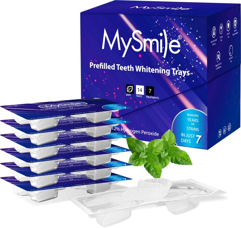 MySmile مجموعة قوالب تبييض الأسنان المعبأة مسبقًا من MySmile 7 علاجات مع جل مبيض بنسبة 12% من بيروكسيد الهيدروجين للأسنان الحساسة، مبيض أسنان نباتي سريع النتائج، مزيل بقع الأسنان، بنكهة النعناع - Image 1