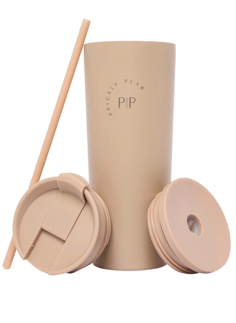 Prickly Pear Stainless Steel 24 Oz 2 in 1 Water Bottle With Straw And Travel Cup, Tan Logo Design