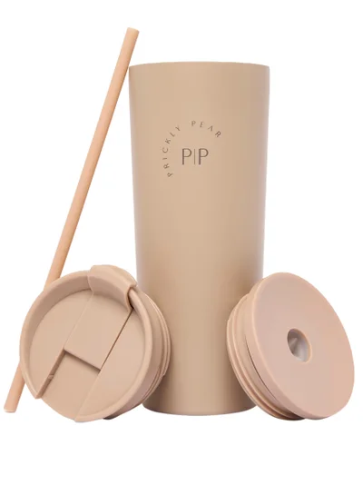 Prickly Pear Stainless Steel 24 Oz 2 in 1 Water Bottle With Straw And Travel Cup, Tan Logo Design