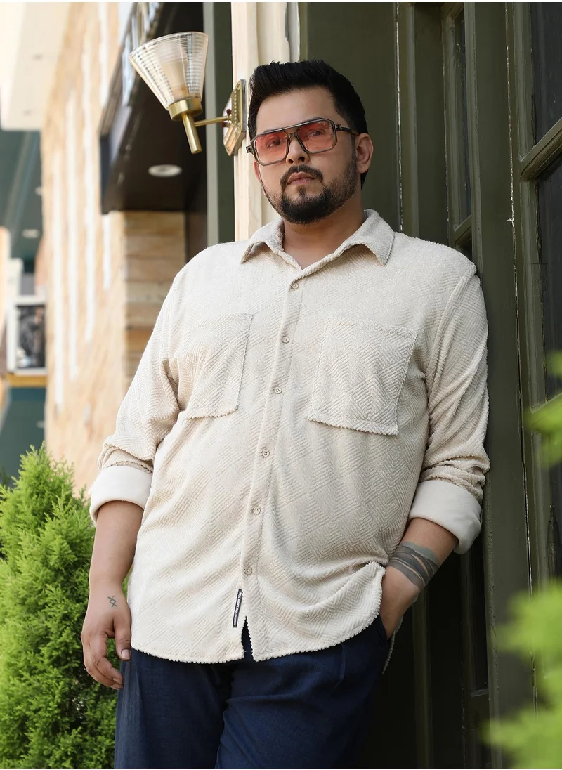 انستافاب بلس Instafab Plus Men's Sand Beige Weave-Block Regular Shirt For Casual Wear | Spread Collar | Long Cuffed Sleeves | Button Closure | Plus Size Shirt Crafted With Comfort Fit For Everyday Wear