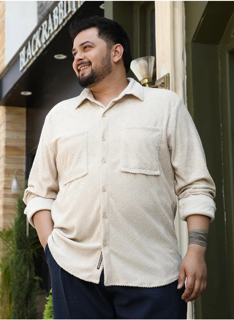 انستافاب بلس Instafab Plus Men's Sand Beige Weave-Block Regular Shirt For Casual Wear | Spread Collar | Long Cuffed Sleeves | Button Closure | Plus Size Shirt Crafted With Comfort Fit For Everyday Wear