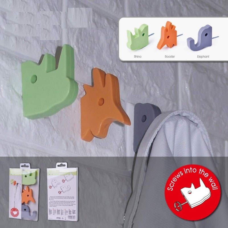 CONNECTWIDE 3pcs Creative Wall Hook Hanger Cartoon Animal Shaped Rhino Rooster Elephant Hanging Hooks Home Storage Hooks Rails - Image 5