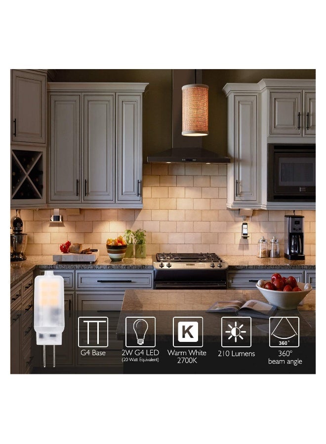 (عبوة 10) لمبة LED G4 2 واط AC/DC 12 فولت دافئة بيضاء 2700 كلفن قاعدة ثنائية الدبوس، تعادل 10 واط، 15 واط، 20 واط من لمبات الهالوجين للإضاءة العامة، الثريات، الإضاءة تحت الخزائن، غير قابلة للتعتيم، خالية من الوميض. - Image 3