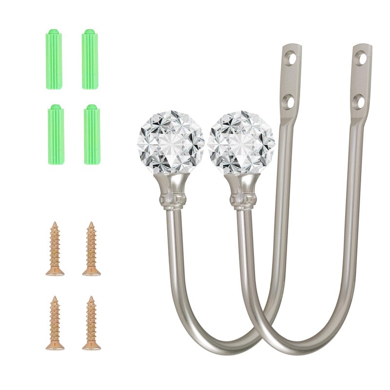 HEMOUR Curtain Holdback, 2pcs Wall Mounted Drapery Tiebacks with Clear Crystal Ball, Heavy Duty Metal Decorative Window Drapery Curtain Holder Curtain Hooks with Screws, Sliver - Image 2