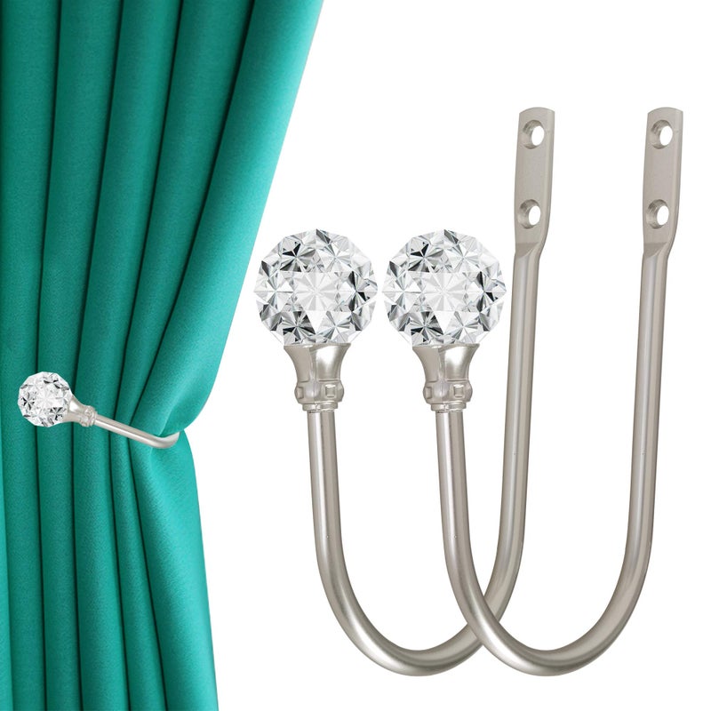 HEMOUR Curtain Holdback, 2pcs Wall Mounted Drapery Tiebacks with Clear Crystal Ball, Heavy Duty Metal Decorative Window Drapery Curtain Holder Curtain Hooks with Screws, Sliver - Image 1