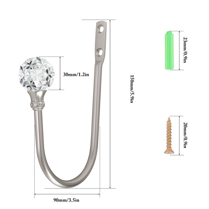 HEMOUR Curtain Holdback, 2pcs Wall Mounted Drapery Tiebacks with Clear Crystal Ball, Heavy Duty Metal Decorative Window Drapery Curtain Holder Curtain Hooks with Screws, Sliver - Image 3
