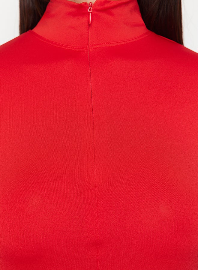 trendyol Red Fitted/Body-Sitting Zip Collar Short Sleeve Stretch Knitted Blouse TWOSS24BZ00489  - Image 5