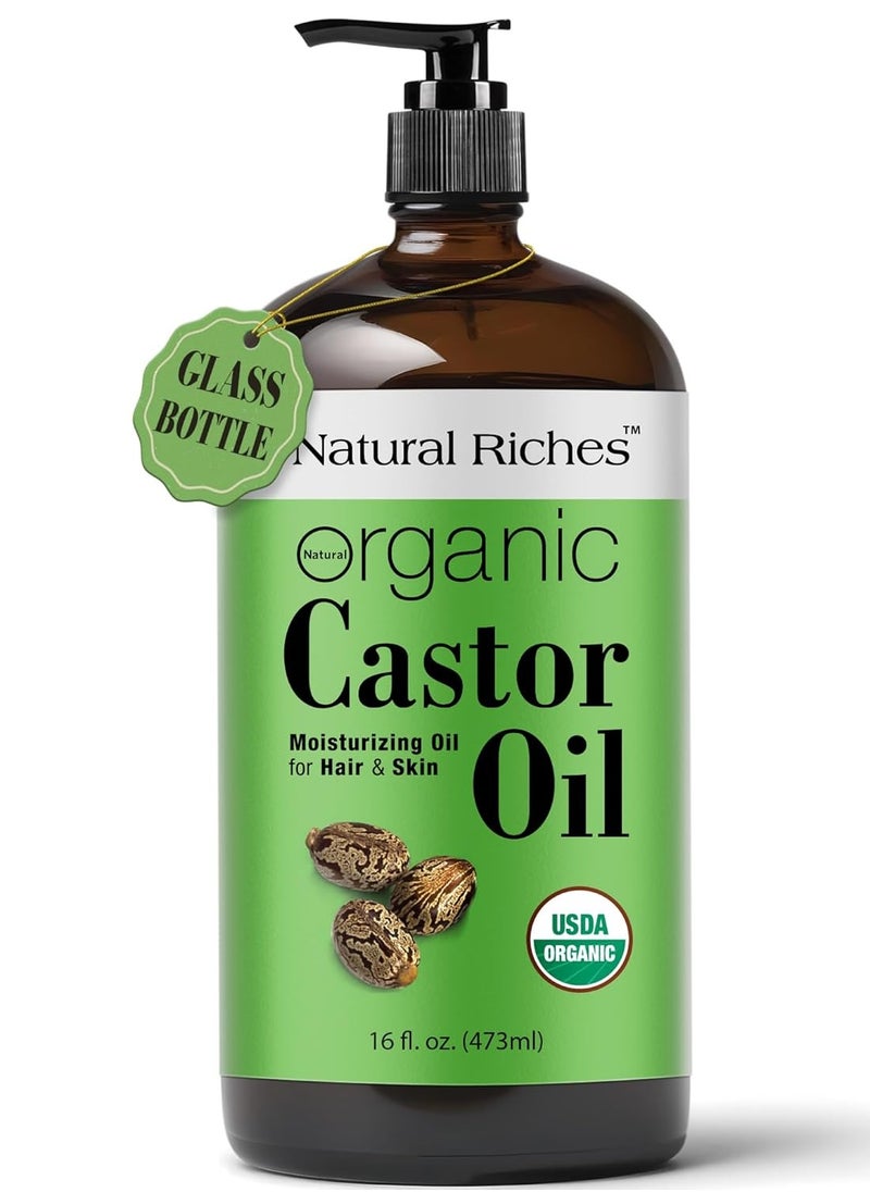Natural Riches Natural Riches Organic Unrefined Castor Oil Cold pressed Glass Bottle USDA certified for Dry Skin Hair Loss Dandruff Thicker Hair - Moisturizes heals Scalp Skin Thicker Eyelashes Eyebrows 16 fl oz  - Image 1