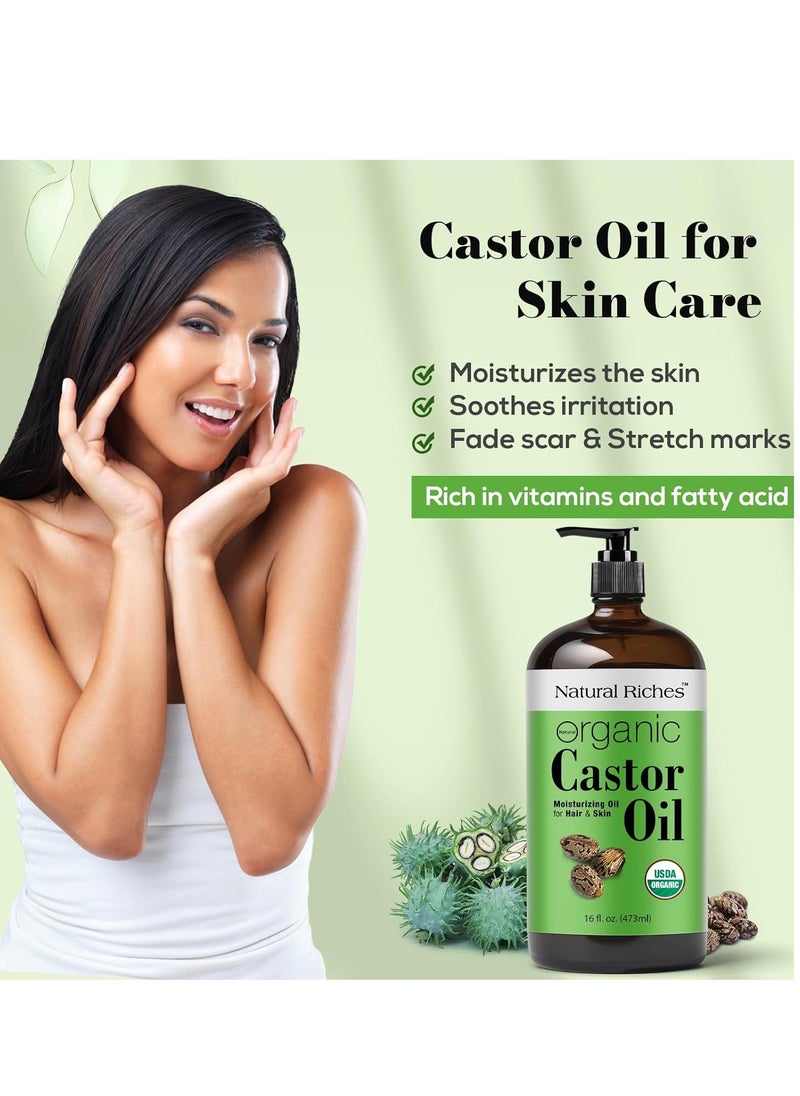 Natural Riches Natural Riches Organic Unrefined Castor Oil Cold pressed Glass Bottle USDA certified for Dry Skin Hair Loss Dandruff Thicker Hair - Moisturizes heals Scalp Skin Thicker Eyelashes Eyebrows 16 fl oz  - Image 3