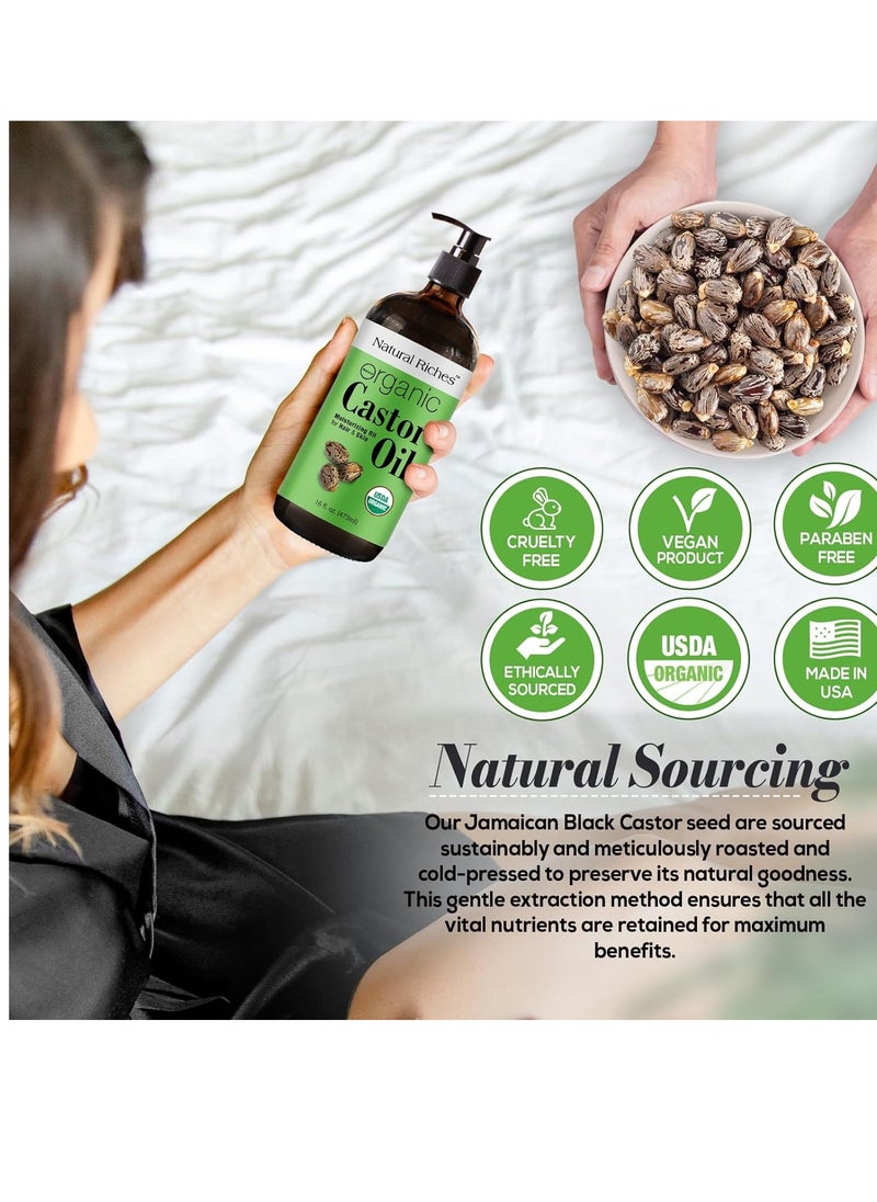 Natural Riches Natural Riches Organic Unrefined Castor Oil Cold pressed Glass Bottle USDA certified for Dry Skin Hair Loss Dandruff Thicker Hair - Moisturizes heals Scalp Skin Thicker Eyelashes Eyebrows 16 fl oz  - Image 4