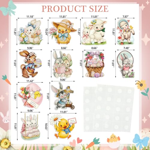 Fuyoooo 12 Pcs Large Vintage Easter Cutouts Watercolor Double Sided Printing Happy Easter Paper Cuts Spring Rustic Farmhouse Bunny Rabbit Egg Cutout for Party Baby Shower Birthday Classroom Wall Decor - Image 3