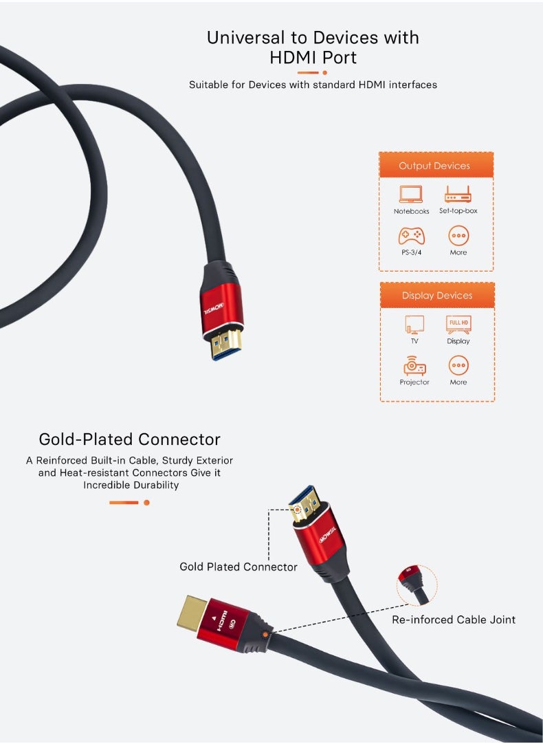 MOWSIL HDMI Cable 4K @ 30Hz | 2-Year Warranty | 1m Cable | HDMI 1.4 High-Speed | 24K Gold-Plated Connectors | Supports 1080p, 3D, 4K & 8K  - Image 4