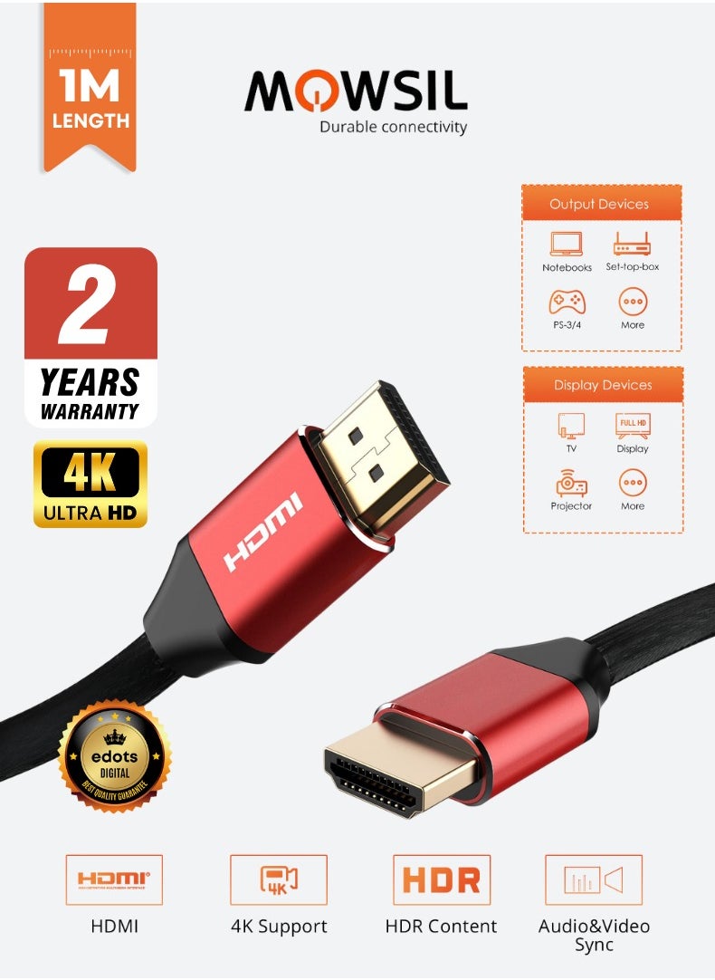 MOWSIL HDMI Cable 4K @ 30Hz | 2-Year Warranty | 1m Cable | HDMI 1.4 High-Speed | 24K Gold-Plated Connectors | Supports 1080p, 3D, 4K & 8K  - Image 1