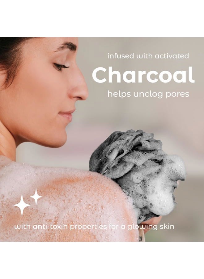 MainBasics Charcoal Infused Bath Shower Loofah Sponge Pouf Body Wash Scrubber (Set of 3) - Image 5