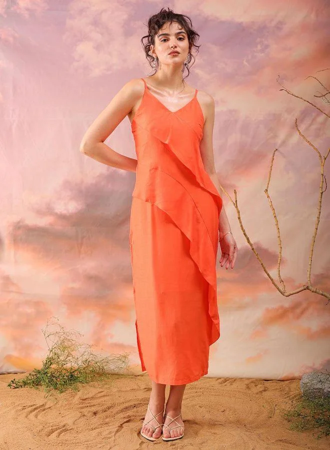 مرفوعة Women Flared Casual Solid Ruffle Dress