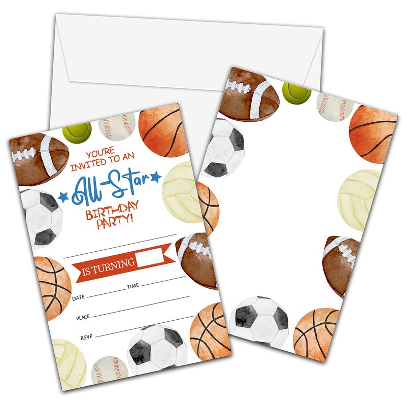 Sports Birthday Invitations with Envelopes Birthday Party Invitation Card for Boys Girls All Star Fillin Invites Cards Basketball Baseball Football Party Celebration 20 Pack29