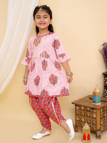 Superminis Baby Girls Jaipuri Print Frock Style Kurti With Frill Sleeves And Dhoti Style Salwar With Elastic Closure Ethnic Dress (Magenta, 12-18 Months) Cotton - Image 3