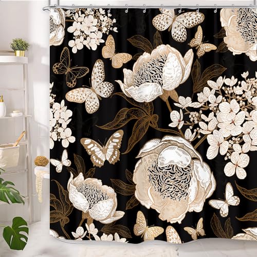 GOAOK Black and Gold Floral Butterfly Shower Curtain, Boho Dark Flowers Botanical Aesthetic Shower Curtain for Bathroom with Hook, Vintage Moth Farmhouse Unique Chic Shower Curtain Set with Hooks 72X72 - Image 2