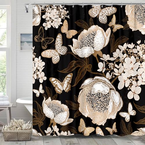 GOAOK Black and Gold Floral Butterfly Shower Curtain, Boho Dark Flowers Botanical Aesthetic Shower Curtain for Bathroom with Hook, Vintage Moth Farmhouse Unique Chic Shower Curtain Set with Hooks 72X72 - Image 3