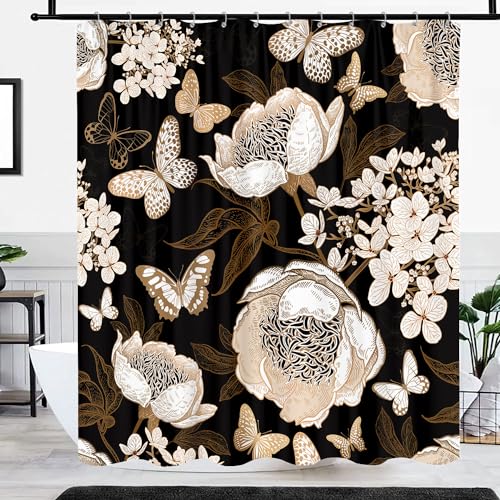GOAOK Black and Gold Floral Butterfly Shower Curtain, Boho Dark Flowers Botanical Aesthetic Shower Curtain for Bathroom with Hook, Vintage Moth Farmhouse Unique Chic Shower Curtain Set with Hooks 72X72 - Image 4