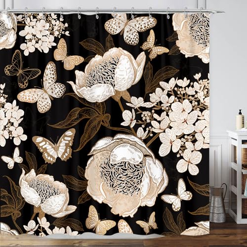 GOAOK Black and Gold Floral Butterfly Shower Curtain, Boho Dark Flowers Botanical Aesthetic Shower Curtain for Bathroom with Hook, Vintage Moth Farmhouse Unique Chic Shower Curtain Set with Hooks 72X72 - Image 1
