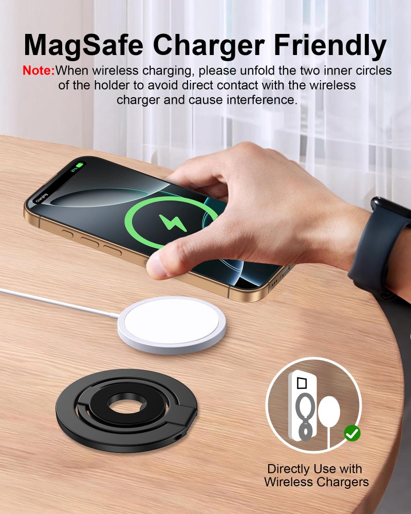AILKIN Phone Ring Holder Grip with Dual-Side Magnets, Universal Magnetic Kickstand Stand, Wireless Charging Friendly, Foldable for iPhone 17 Pro Max, Samsung, Case, Desk, Car Mount, MagSafe Compatible-Black - Image 4