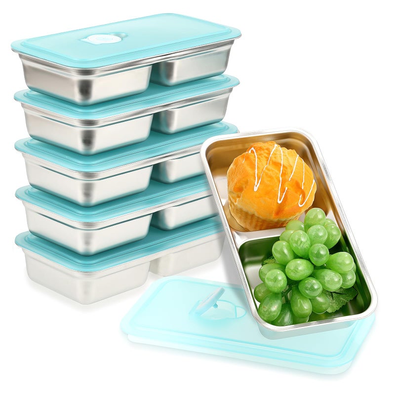 Rainmae 6 Pcs 304 Stainless Steel Bento Boxes, 30 oz 2 Compartments Food Storage Containers Snack Boxes with Leakproof Lids, Divided Meal Prep Lunch Box Food Container Dishwasher Safe - Image 1