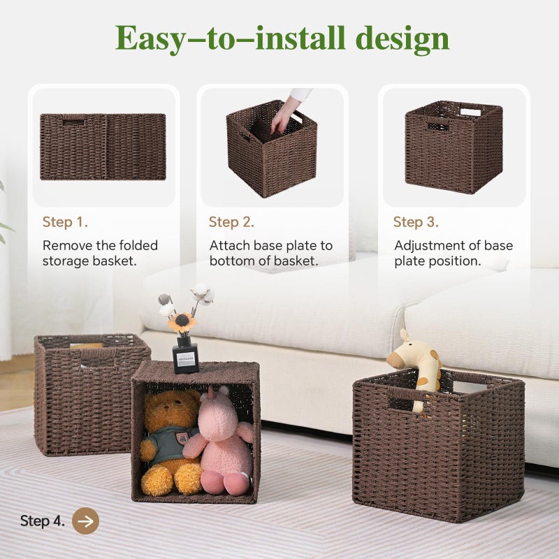 Patvingot Woven Wicker Storage Baskets 2-Pack, 11x11 Handwoven Paper Rope Organizer Bins, Foldable Cube Storage Cubes with Built-in Handles for Shelves and Closet Organization(Dark Brownï¼‰ - Image 4