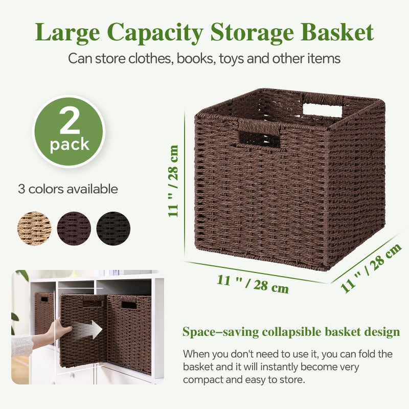 Patvingot Woven Wicker Storage Baskets 2-Pack, 11x11 Handwoven Paper Rope Organizer Bins, Foldable Cube Storage Cubes with Built-in Handles for Shelves and Closet Organization(Dark Brownï¼‰ - Image 2