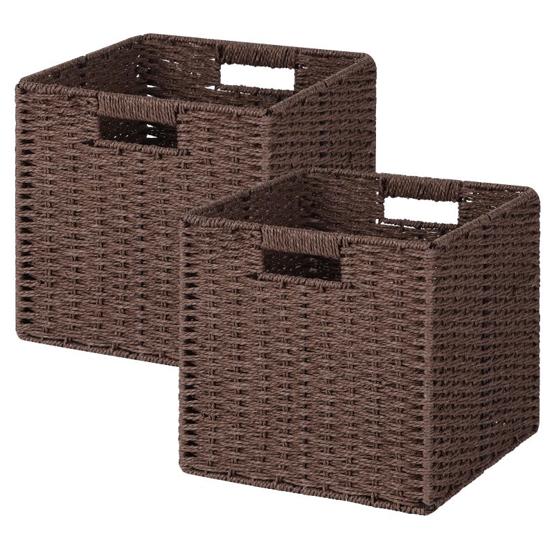 Patvingot Woven Wicker Storage Baskets 2-Pack, 11x11 Handwoven Paper Rope Organizer Bins, Foldable Cube Storage Cubes with Built-in Handles for Shelves and Closet Organization(Dark Brownï¼‰ - Image 1