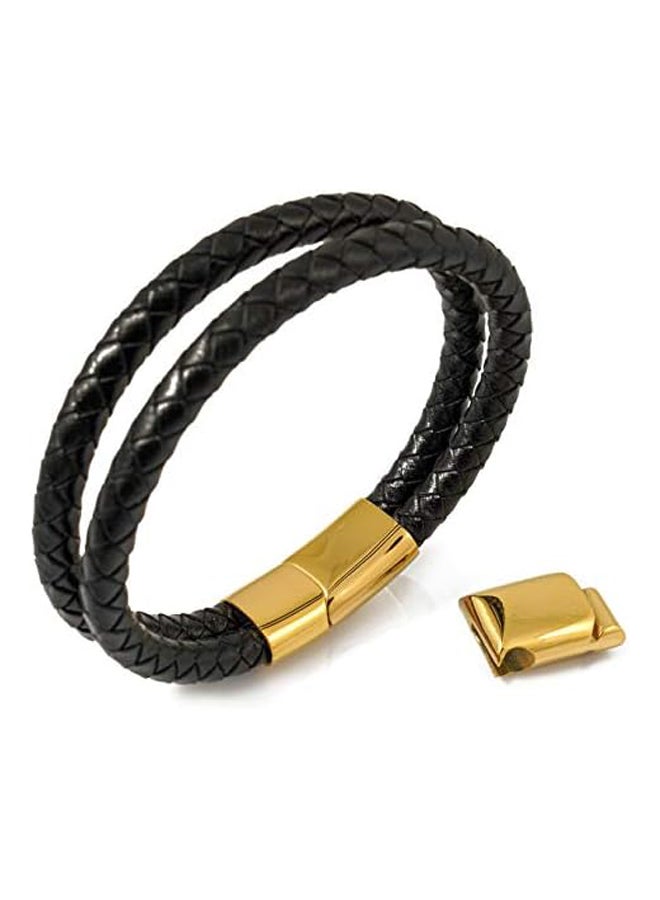 Halukakah Plus   Solo   Men's Genuine Leather Black/Brown Titanium Bracelet Double Wrap Size Adjustable 8.5"-9"(21.5-23cm) Magnetic Clasp with Free GIftbox, Leather - Image 1