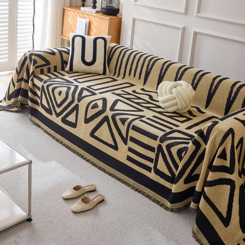 HANDONTIME Boho Geometric Couch Covers for Sofa Pet Friendly Taupe and Black Sofa Covers Washable Chenille Couch Blanket Cover for 2 3 Cushion Couches Pet Protector Furniture Cover Soft, 71" X 118" - Image 1